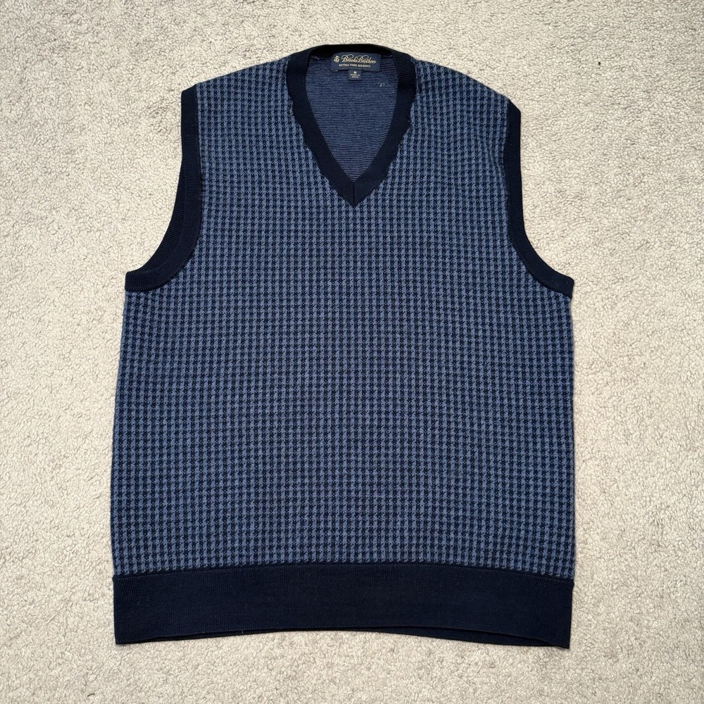 Brooks Brothers Sweater Mens Medium Blue Vest Merino Wool V Neck Pullover